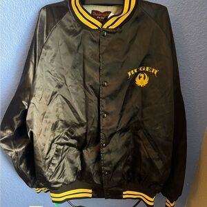 RUGER FIREARMS Black Satin Vtg USA MADE Dunbrooke Pla-Jac BOMBER JACKET